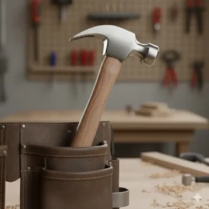 Close-up of a high-quality framing hammer, one of the most frequently used carpenter tool belt tools a carpenter keeps in their tool belt.