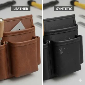 2. Comparison showing the durable material of a leather versus synthetic carpenters tool pouch for long-term use on job sites.