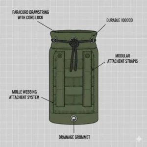 Diagram highlighting the key features of the molle bottle carrier, including drainage grommet and paracord drawstring.