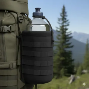Side view of the molle water bottle pouch demonstrating how it securely cradles a large hydration bottle, with the side webbing visible.