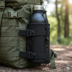 Close-up view of the molle bottle holder straps and snap buttons used to attach the item securely to webbing.