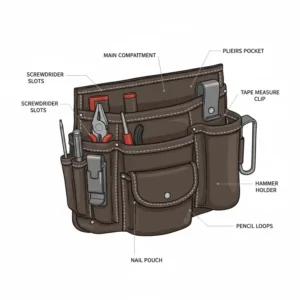 An illustration showing the various compartments and multi-pocket design of a durable construction pouch for maximum organization.