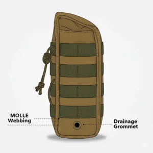 Close-up side view illustration of the Nalgene bottle MOLLE pouch, highlighting the functional MOLLE webbing and essential drainage grommet at the bottom.