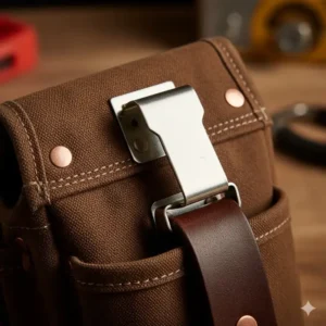 Close-up shot showing the quick-release belt clip tool pouch mechanism on the back for easy on and off access.