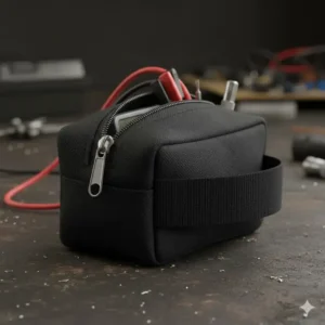 Close-up of a small nylon pocket tool pouch with a zipper and belt loop, ideal for carrying a multimeter or small repair kit.