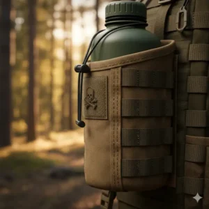 Close-up side view of a durable tactical water bottle holder showing the adjustable elastic cord and strong stitching.