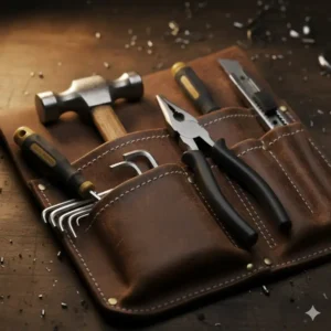 Close-up of a heavy-duty leather tool pouch with tools secured inside.