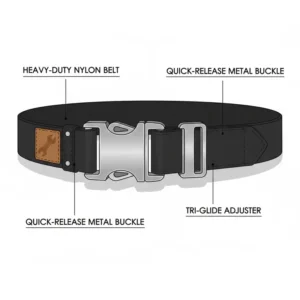 Detail of the heavy-duty, adjustable nylon belt and buckle mechanism on a professional construction pouch.