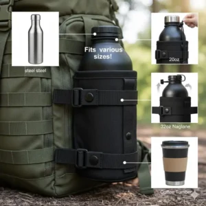 Illustration demonstrating how the adjustable molle bottle holder accommodates various sizes of water bottles and tumblers.