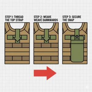 Step-by-step image of the webbing being threaded for easy installation of the molle bottle carrier.