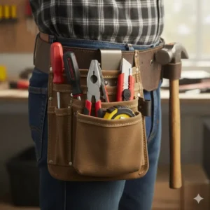 Large capacity belt clip tool pouch fully loaded with common hand tools like screwdrivers, pliers, and a tape measure, demonstrating its storage capacity.