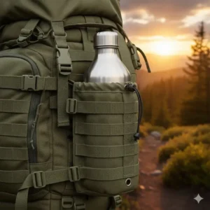Heavy-duty MOLLE bottle pouch holding a wide-mouth 40oz hydration bottle, showing universal fit.