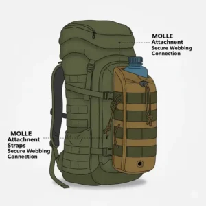 Diagram showing how to attach the Nalgene MOLLE pouch firmly to a rucksack using the included tactical straps, ensuring a secure and reliable fit.