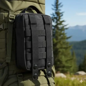 Close-up illustration of the molle water bottle pouch attachment straps and webbing on the back, showing how it connects to a vest or gear.