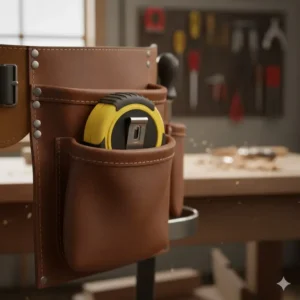 Retractable tape measure conveniently stored in a deep pocket of a leather carpenter tool belt tools for quick access by a carpenter.