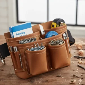 3. Detailed view of the smart pocket organization in a carpenters tool pouch, designed for quick access to nails and screws.