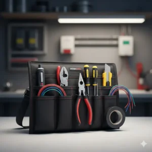 An electrician's tool pouch with tools showing the specific layout.