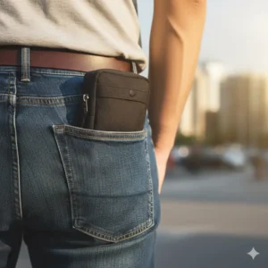 A person demonstrating the comfortable, discreet carry of an EDC pocket tool pouch tucked into the back pocket of blue jeans.