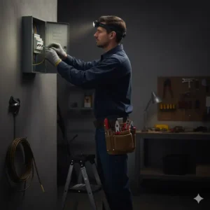 An electrician wearing a belt clip tool pouch at the hip while working, illustrating its convenience and accessibility on the job site.