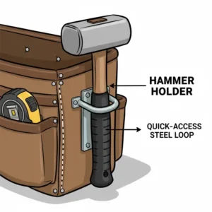 Image demonstrating a quick-access steel loop and specialized holder on the side of the construction pouch for safely carrying a hammer.