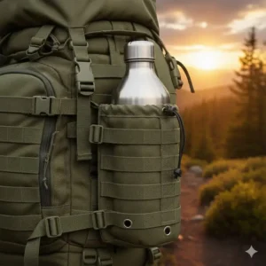 Side view of the durable 1000D nylon MOLLE bottle pouch with a grommet for drainage and ventilation.