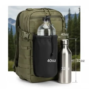 A graphic showing the molle water bottle pouch with various bottle sizes (like 32oz, 40oz) to illustrate its adjustable capacity and fit.