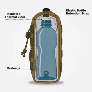 Interior illustration of the Nalgene MOLLE water bottle pouch, detailing the bottle retention system and the insulating layer for temperature control.