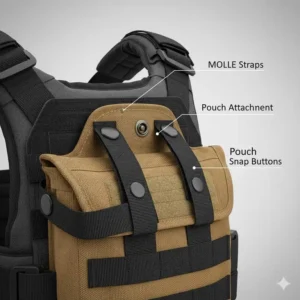 Detailed image illustrating how the MOLLE strapping system attaches the tactical water bottle holder to a tactical vest or bag.