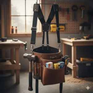4. Heavy-duty tool belt and suspender system attachment for distributing the weight of a loaded carpenters tool pouch.
