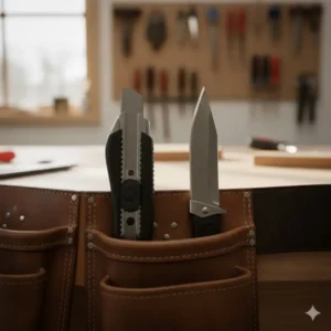 A sharp utility knife and sheathing knife sitting ready in a slim pocket, illustrating essential cutting carpenter tool belt tools.