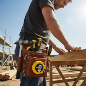 A carpenter wearing a rugged tool pouch with tools attached to a belt.
