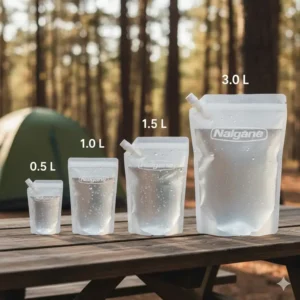 A visual comparison of different nalgene pouches capacities, from small to large volume options.