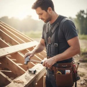 5. Professional carpenter working on a roof, demonstrating how easily the carpenters tool pouch allows hands-free access to a hammer and tape measure.