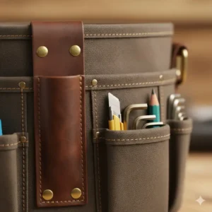 Detailed view of the dedicated, reinforced hammer loop on the side of the belt clip tool pouch with a hammer in it.