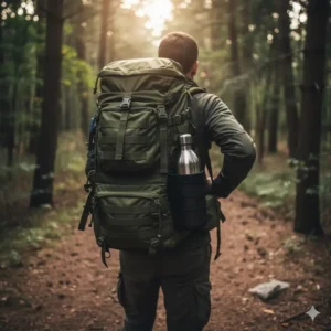 A user utilizing the molle bottle holder on a hydration pack during a hiking or camping trip.