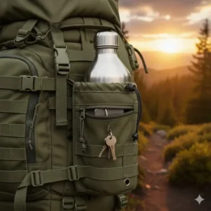 Tactical MOLLE bottle pouch featuring a zippered front utility pocket for holding essential gear like a phone or keys.