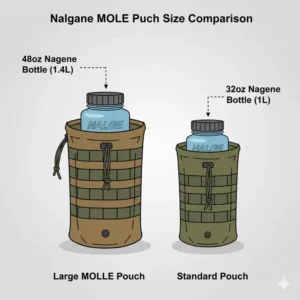 Visual comparison of the tactical nalgene molle pouch sizes, demonstrating which pouch is best suited for 32oz wide mouth and 48oz Nalgene bottles.