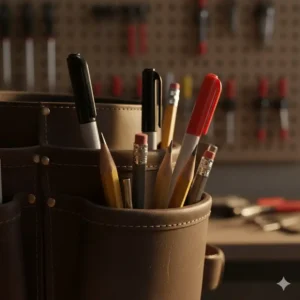 Various wood pencils and permanent markers tucked into a dedicated small holder on a professional carpenter tool belt tools.