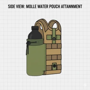 Close-up side view of the molle bottle carrier attachment system on a tactical vest.