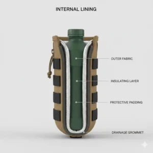 Cross-section showing the insulated internal lining of the tactical water bottle holder for temperature retention.