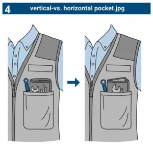 Comparison image showing the benefits of vertical versus horizontal orientation for a pocket tool pouch in a work shirt or vest pocket.