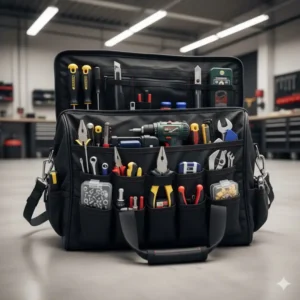 Zippered tool pouch with tools open to show multiple compartments.