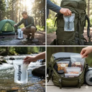 Hiker filling a large nalgene pouches with filtered water at a campsite for bulk water storage.