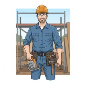 A construction worker or carpenter wearing a fully loaded, comfortable construction pouch on their waist while working on a job site.