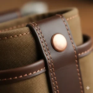 Macro shot emphasizing the durable material and heavy-duty double stitching on the belt clip tool pouch for long-lasting performance.