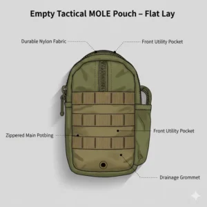 Flat lay image of an empty tactical Nalgene MOLLE pouch, showing the durable nylon construction, zipper, and external pockets.