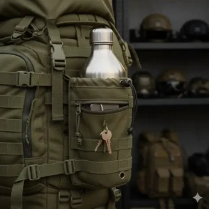 Coyote Brown MOLLE bottle pouch attached to a tactical vest for easy access to water during operations.