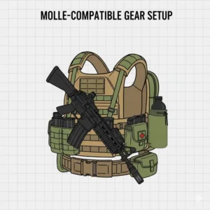 Full tactical gear setup demonstrating the compatibility of the molle bottle carrier with other modular equipment.
