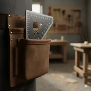 A metal speed square or rafter square slotted perfectly into a specialized loop on the side of the carpenter tool belt tools.