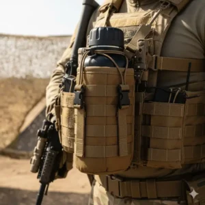 Detailed image of the molle bottle holder mounted on a plate carrier or military-style gear.